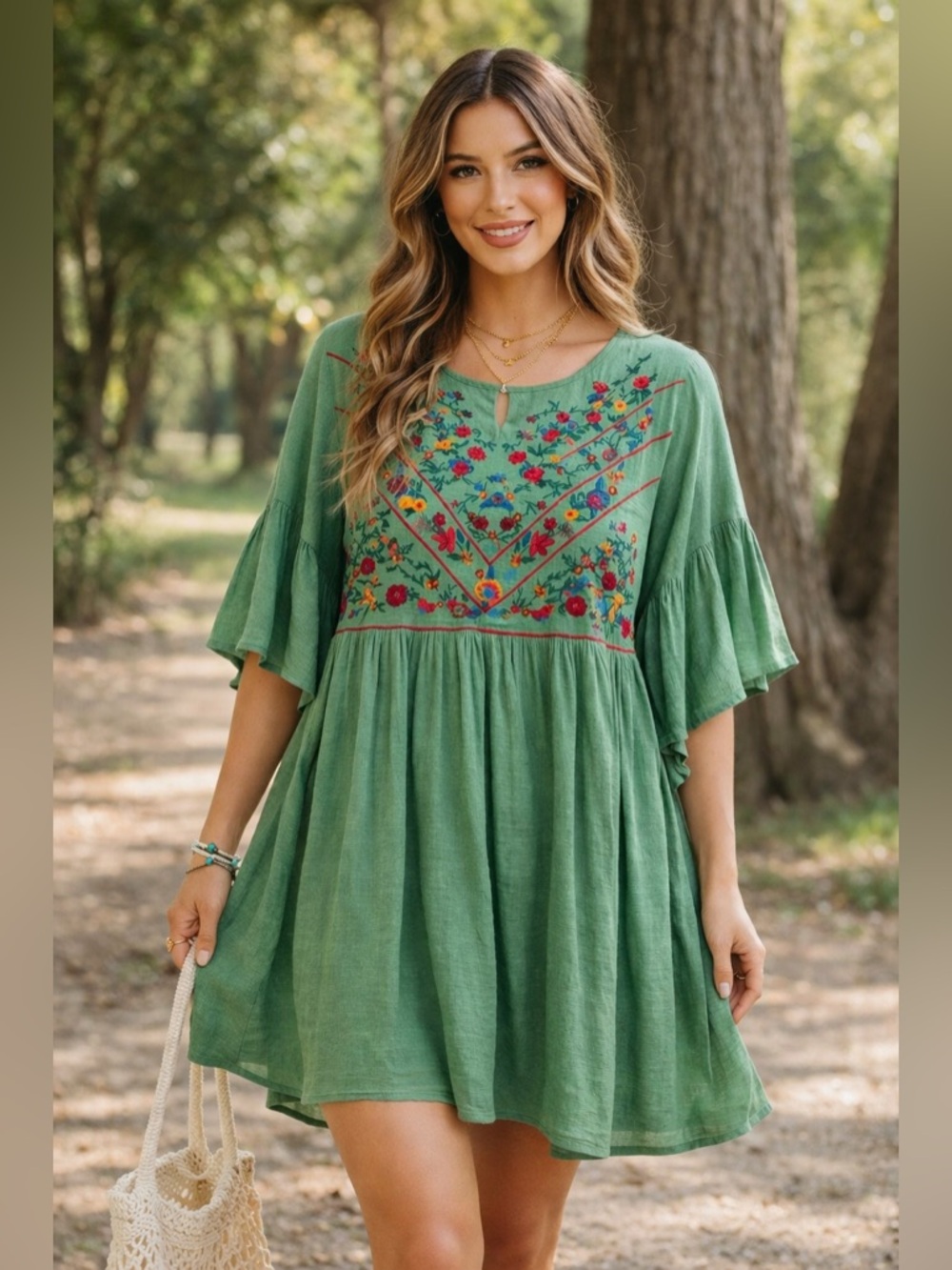 A Beautiful Soul Women’s Boho Embroidered Babydoll Tunic Dress in Green Sz M